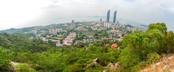 XIAMEN,CHINA 14 OCTOBER 2020 - Panorama view of the Conrad Xiamen, Twin Towers overlooking the South China Sea in Xiamen (Amoy), China.