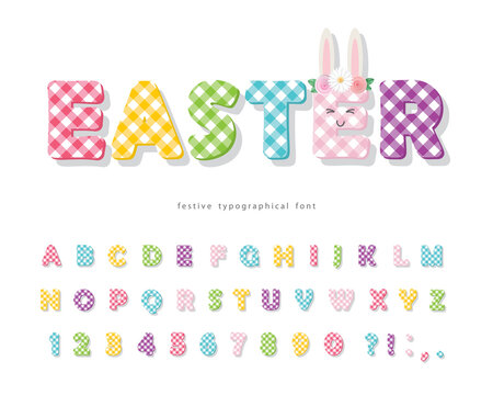 Easter plaid font. Colorful textile alphabet. Cute cartoon letters and numbers. Vector