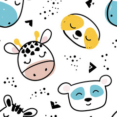 Seamless pattern with cute animal faces