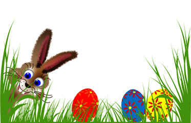 osterhase hinter gras mit ostereiern