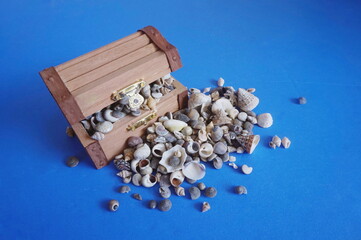 Wooden Chest Overflowing with Small Sea Shells on Blue Background