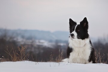 Attentive Border Collie Sits in the Snow during Cloudy Winter Day. Cute Black and White Dog Outdoor.