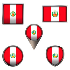 Fototapeta premium Various flags of the Republic of Peru. Realistic national flag in point circle square rectangle and shield metallic icon set. Patriotic 3d rendering symbols isolated on white background.