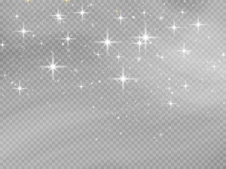 The dust sparks and golden stars shine with special light. Vector sparkles on a transparent background. Christmas light effect. Sparkling magical dust particles.