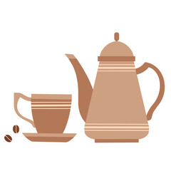 Set of items with an inscription, a coffee pot and coffee cup.