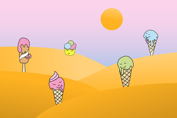  summer landscape desert with ice cream . vector illustration