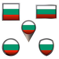 Various flags of Republic of Bulgaria. Realistic national flag in point circle square rectangle and shield metallic icon set. Patriotic 3d rendering symbols isolated on white background.