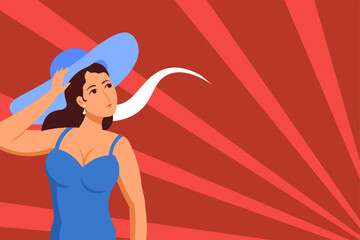 Girl in a hat and swimsuit on a retro background