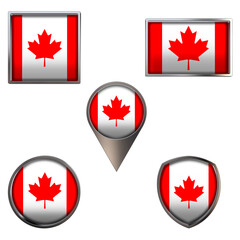Various flags of the Canada. Realistic national flag in point circle square rectangle and shield metallic icon set. Patriotic 3d rendering symbols isolated on white background.