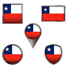 Various flags of the Republic of Chile. Realistic national flag in point circle square rectangle and shield metallic icon set. Patriotic 3d rendering symbols isolated on white background.