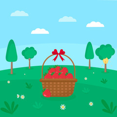 This is a flat illustration. There is a strawberry in the basket.