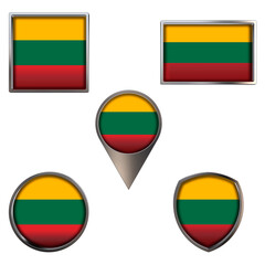 Various flags of the Republic of Lithuania. Realistic national flag in point circle square rectangle and shield metallic icon set. Patriotic 3d rendering symbols isolated on white background.