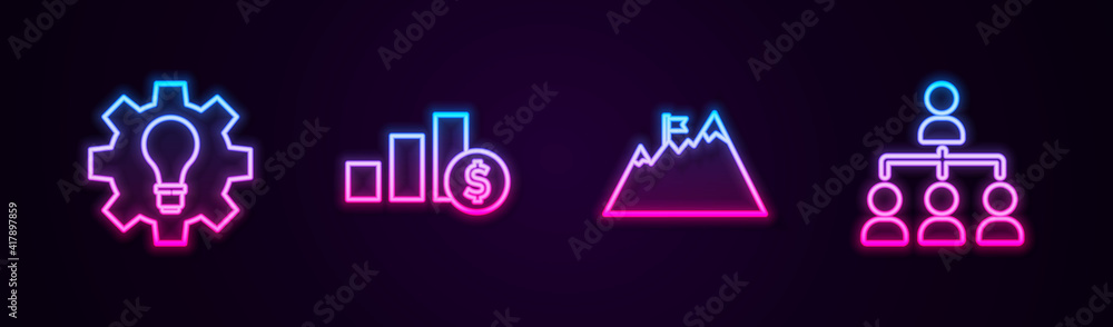 Poster set line light bulb and gear, pie chart dollar, mountains with flag and hierarchy organogram. glowin