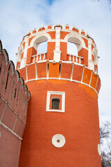 Fragment of the wall and the defensive tower of the Donskoy Monastery in Moscow, architectural...