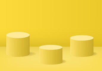 Yellow 3d realistic cylinder shape podium stage for product presentation. 3 minimal design mockup stages vector background.