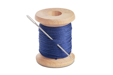 Sewing thread and needle on isolated white background