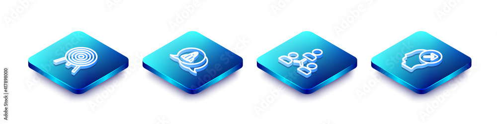 Poster set isometric line target, startup project concept, project team base and head hunting icon. vector.