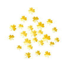 St patricks day background with shamrock. Lucky trefoil confetti. Glitter frame of clover leaves. Template for voucher, special business ad, banner. Greeting st patricks day backdrop.