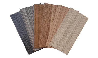 wooden laminated material samples swatch containing douglas fir ,oak ,ash ,maple ,walnut wood textures isolated on white background with clipping path.