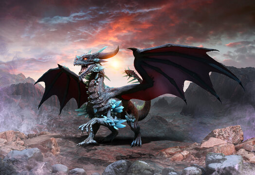 Blue Dragon Scene 3D Illustration