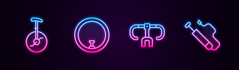 Set line Unicycle or one wheel bicycle, Bicycle, handlebar and air pump. Glowing neon icon. Vector. © vector_v