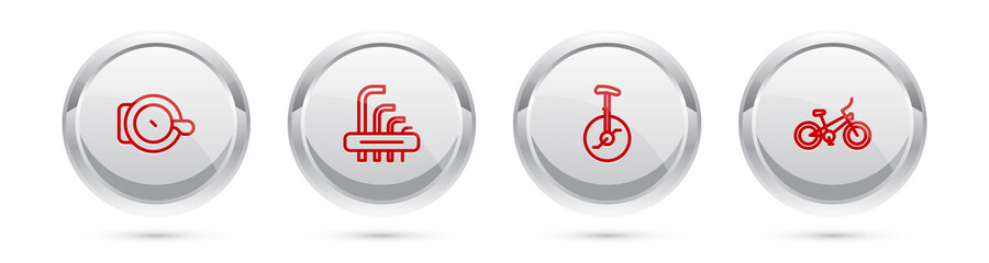 Set line Bicycle bell, Tool allen keys, Unicycle or one wheel bicycle and . Silver circle button. Vector. © vector_v