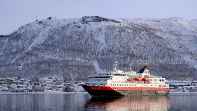 Hurtigruten ms. Richard With arriving in Tromso, north Norway