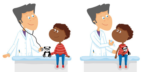 Fototapeta premium Docteur homme vaccine garçon. Vaccination et visite médicale enfant dessin. Illustration médicale vectorielle.