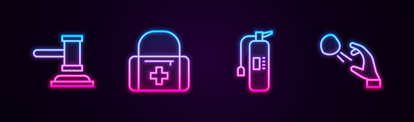 Set line Judge gavel, First aid kit, Fire extinguisher and Hooligan shooting stones. Glowing neon icon. Vector.
