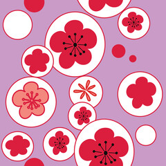 Vector pastel purple white bubble cherry flowers blossom 60 s 70 s, seamless pattern background.