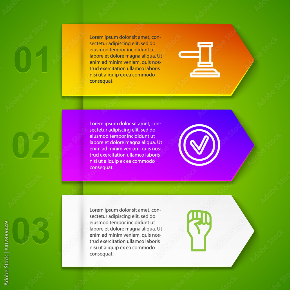 Poster set line judge gavel, check mark in round and raised hand with clenched fist. business infographic t
