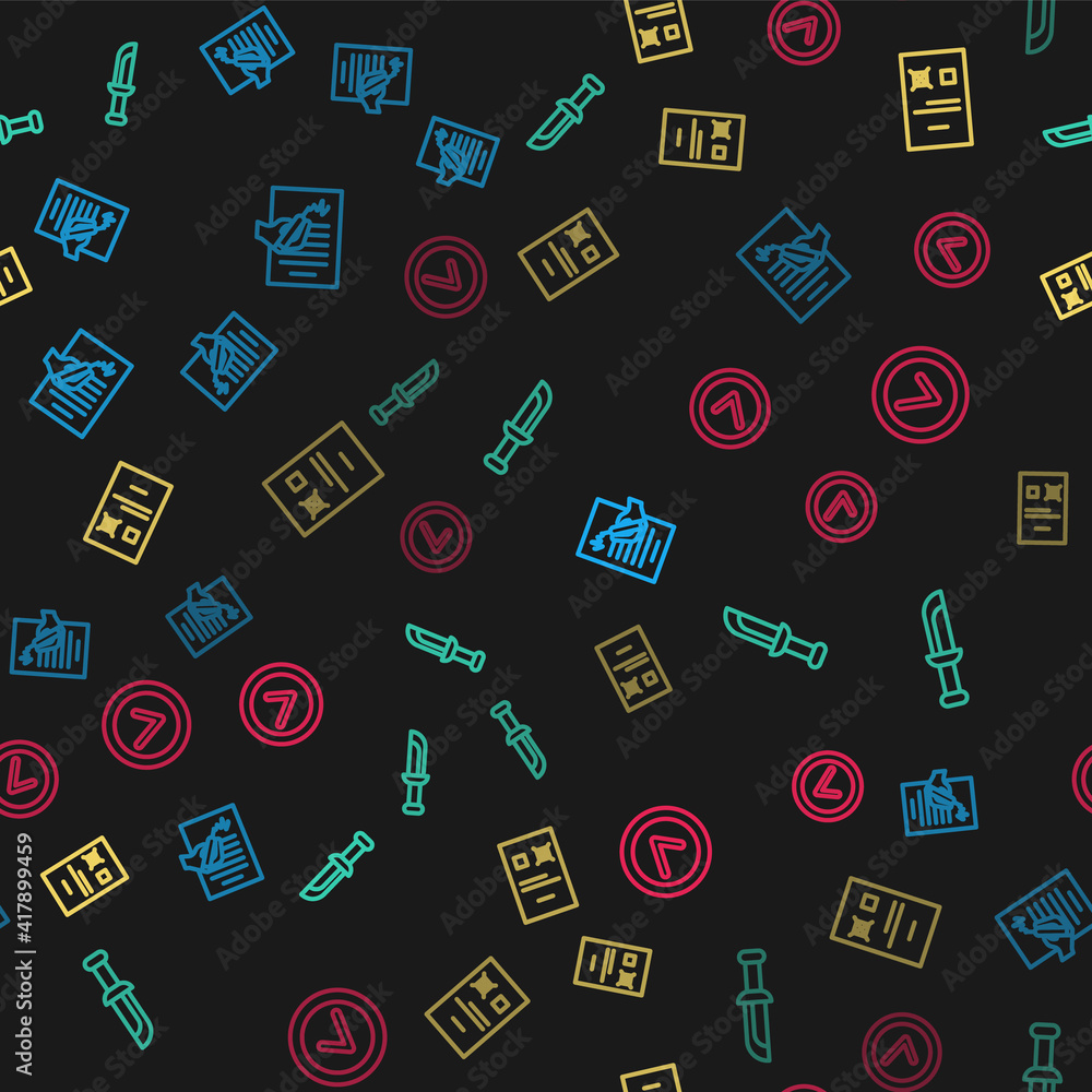 Poster set line petition, military knife, poll document and check mark in round on seamless pattern. vector
