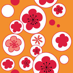 Vector bright orange white bubble cherry flowers blossom 60 s 70 s, seamless pattern background.