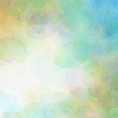Soft watercolor background in blue green pink and yellow spring colors for Easter or springtime designs with  white center and colorful border texture