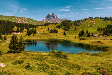 The lake Körbersee, a high mountain lake on the Hochtann Mountain Pas in the Austrian state of...
