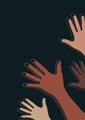Raised hands, open palms. The concept of charity, volunteering, love, kindness, equality, racial and social issues. Vector illustration