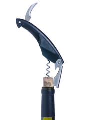 Travel corkscrew opener with wine bottle on white background isolation
