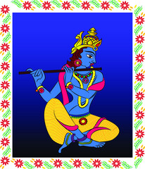 Lord Krishna in Indian mythology. Wall painting in Rajasthan India. Kalamkari. for a coloring book, textile fabric prints, phone case, greeting card. logo, calendar