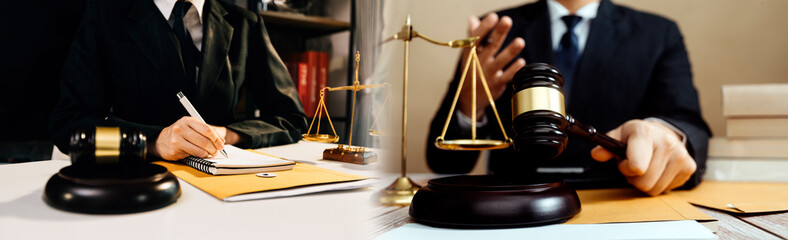 Business and lawyers discussing contract papers with brass scale on desk in office. Law, legal...