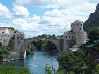 Fototapeta na wymiar Neretva river and famous bridge stari most in Mostar, Bosnia-Herzegowina