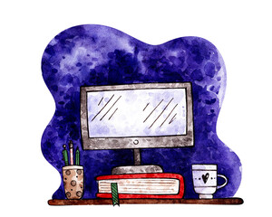 watercolor illustration online education. distance learning. computer, books, tea