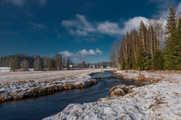 Studena Vltava river in winter cold morning with sunshine light
