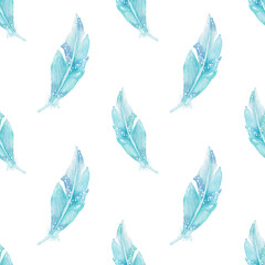 watercolor delicate pattern, blue feathers on a white background, isolated pattern