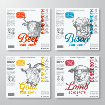 Bone Broth Label Templates Set. Abstract Vector Food Packaging Design Layouts Collection. Modern Typography with Hand Drawn Cow, Bison, Goat and Sheep Face Sketch Backgrounds. Isolated