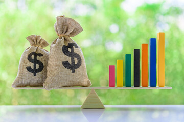 Financial objectives for sustainable growth concept : US dollar bags, rising bar graphs on a basic...