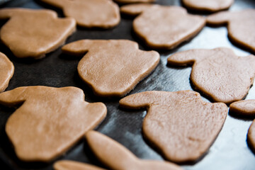 Raw easter gingerbread dough. Dough in the form of easter bunnies on the baking sheet. Preparation of Easter cookies. Close-up view