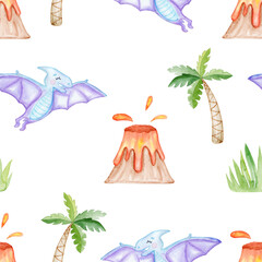 watercolor blue pterodactyl seamless pattern on white background. Cute dinosaur © dreamloud