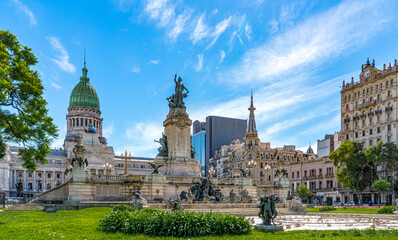 Argentina, Buenos Aires, Plaza del congreso with the memorial of Ricardo Balbin. In the background the argentinan Congress.
