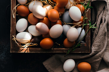 Background with Easter eggs in the vintage wooden box on rustic background. Easter background with eggs and spring branches.Top view with copy space.