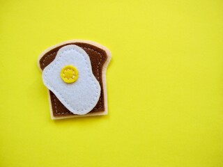 Textile kids toys shaped as food, children playing, healthy eating, kids games, felt sandwich with  fried egg
